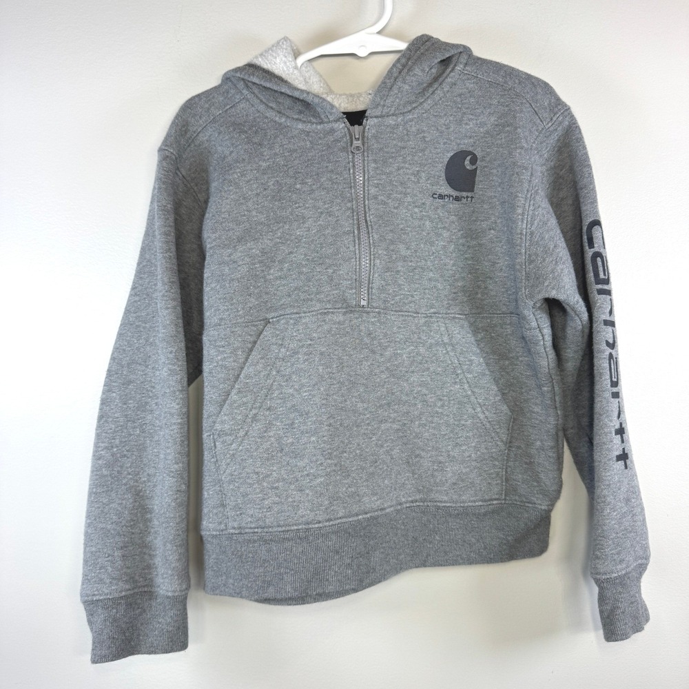 Carhartt Quarter Zip Fleece Hoodie Kids 4T Gray Logo Sleeve Rugged Outdoor Cozy